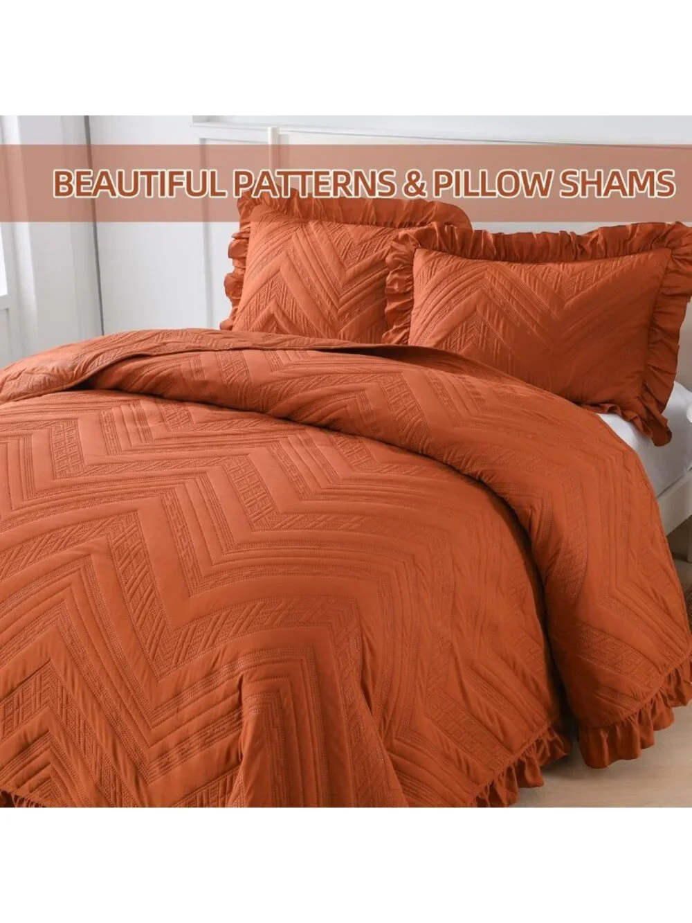 Cozy Burnt Orange Ruffled King Quilt Bedding Set | Fall Decor Bedspread